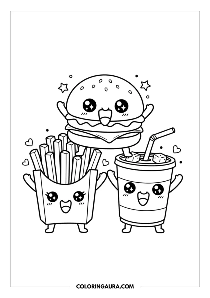 Outline of an adorable fast food trio with a kawaii burger cheerfully jumping above a happy box of french fries and a sweet soft drink. They all feature big sparkling eyes, blushing cheeks, tiny arms thrown up in joy, and are surrounded by floating hearts and stars.