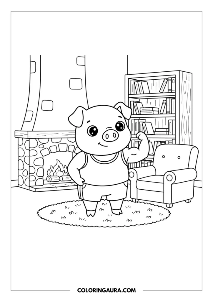 Outline of a healthy, confident cartoon pig standing on a textured round rug and proudly flexing its arm muscle. The fit pig is wearing a tank top and shorts in a dreamy living room featuring a warm stone fireplace with a crackling fire, a cozy armchair, and a tall wooden bookshelf.