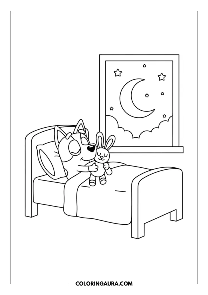 Line art coloring page showing sweet little Bingo sleeping peacefully in her cozy bed while gently hugging her beloved Floppy bunny toy. A beautiful crescent moon and stars shine through the bedroom window in this unshaded, heartwarming illustration perfect for winding down.