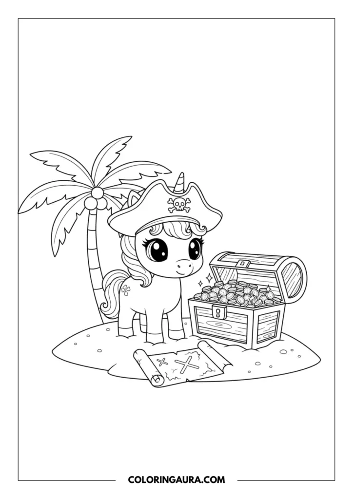 Outline of a cute baby unicorn with big sparkly eyes wearing a pirate hat with a skull and crossbones. The adventurous island scene features an open treasure chest overflowing with coins, a treasure map with an X, and a tropical palm tree, all drawn in a clean, easy-to-color style.