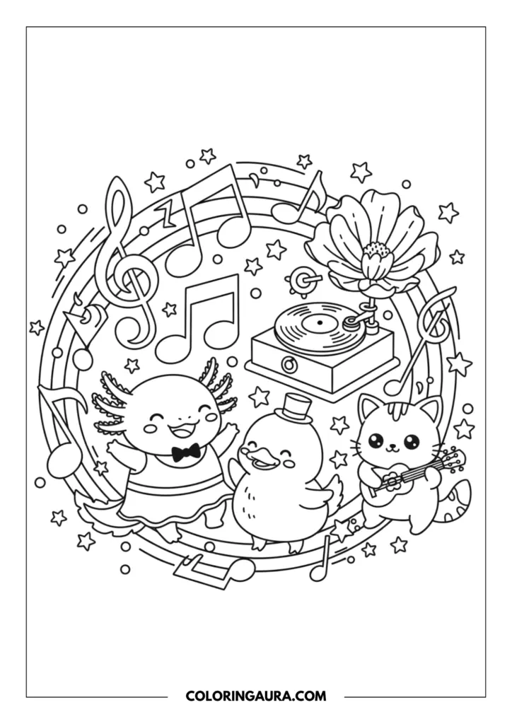 Line art coloring page showing a cute axolotl wearing a little dress and bowtie, happily dancing with a cheerful duckling wearing a top hat. A sweet kitten is playing a tiny guitar nearby. They are surrounded by a vintage record player with a speaker shaped like a blooming flower, giant floating musical notes, and twinkling stars. Clean, thick outlines in a simple kawaii style.