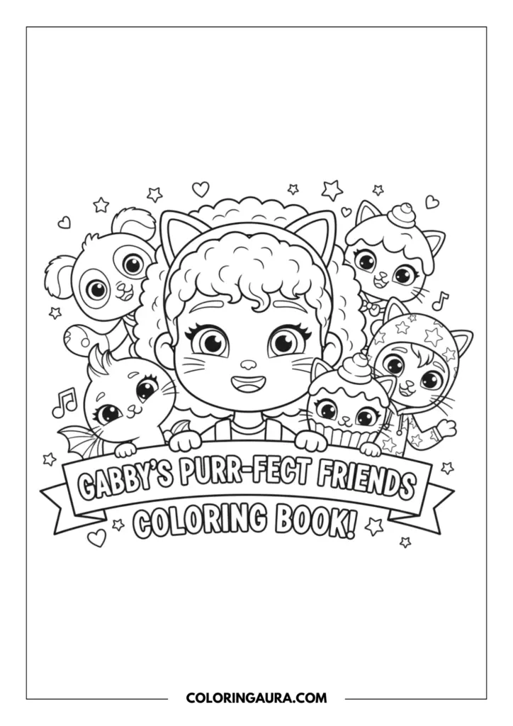 Outline of Gabby from Gabby's Dollhouse surrounded by her beloved cat friends, including Pandy Paws, Cakey Cat, DJ Catnip, and Baby Box. They are happily peeking over a beautiful ribbon banner that reads "GABBY'S PURR-FECT FRIENDS COLORING BOOK!" surrounded by floating hearts, stars, and musical notes.