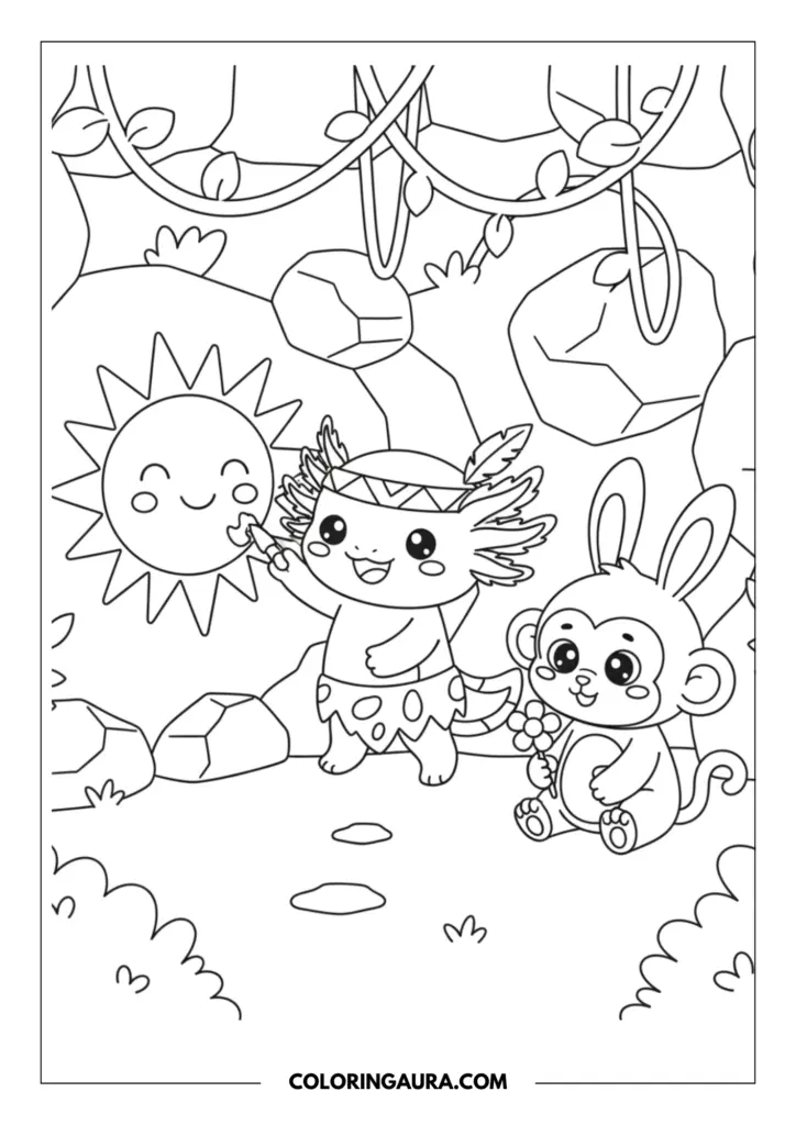 Line art coloring page showing a cute caveman axolotl wearing a feather headband and a spotted skirt, painting a smiley-face sun on a stone wall with a brush. A happy baby monkey holding a daisy flower sits beside them. The background features simple bushes, rocks, and hanging vines. Clean, thick outlines in a simple kawaii style.