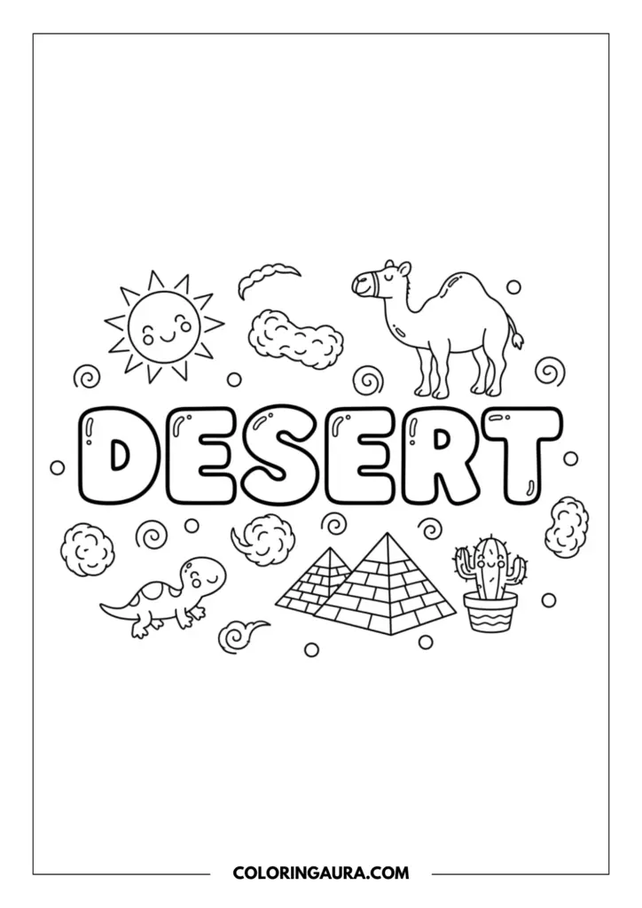 Outline of a warm desert doodle collage. The word "DESERT" is centered in chunky bubble letters, surrounded by simple, clean line art of a smiling sun, a standing camel, majestic pyramids, a happy potted cactus, a cute speckled lizard, and swirling tumbleweeds.