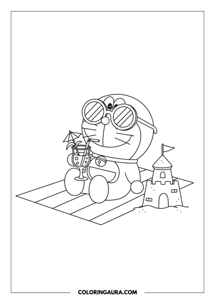 Outline of Doraemon relaxing at the beach sitting on a striped towel, wearing oversized sunglasses, and holding a tropical drink next to a little sandcastle. Crisp, clean black-and-white lines.