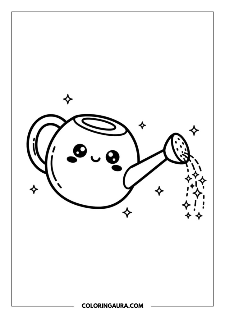 Outline of a happy kawaii watering can with a sweet smiling face, pouring out a stream of magical stars and sparkles as it tends to the garden.