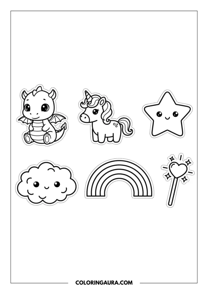 Line art coloring page showing a collection of six kawaii icons including a baby dragon, a unicorn, a smiling star, a happy cloud, a rainbow, and a heart wand.