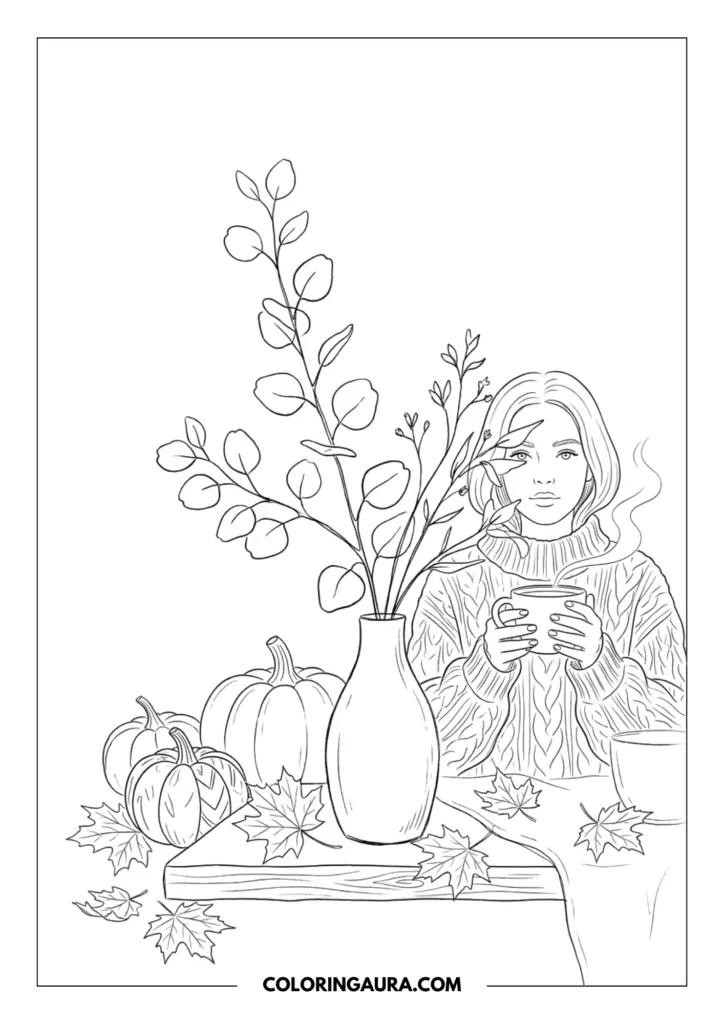 Outline of a young woman wearing a thick cable-knit sweater holding a steaming mug, surrounded by harvest pumpkins, fallen leaves, and a botanical vase.