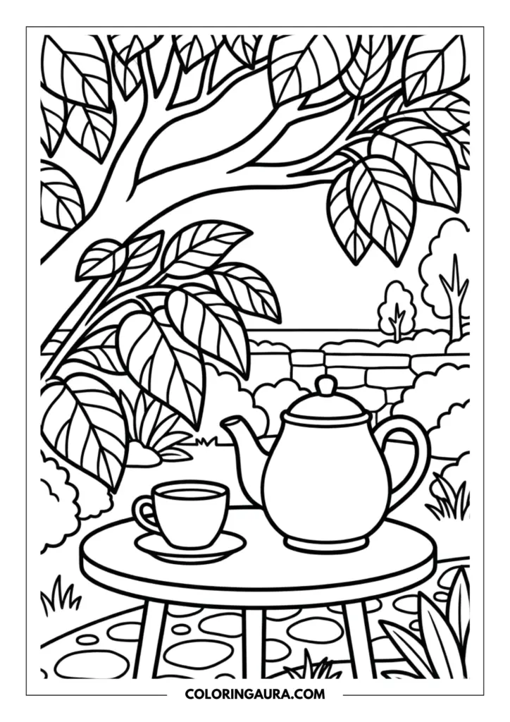 Outline of a peaceful garden scene featuring a round table with a teapot and tea cup set under the large, easy-to-color branches of a leafy tree.