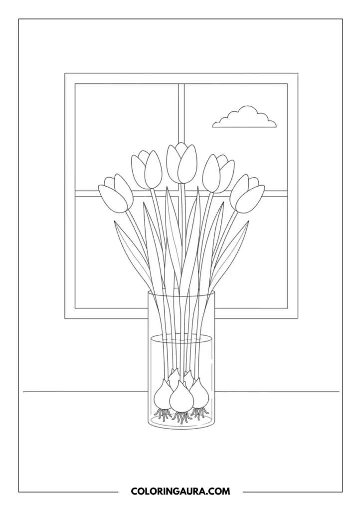 Line art coloring page showing six elegant tulips in a tall glass vase, uniquely featuring the flower bulbs and roots visible underwater, set against a peaceful window scene.