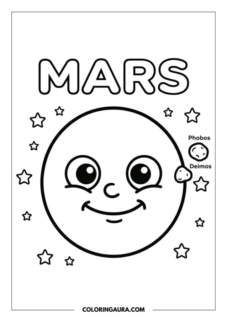 Outline of a cheerful Mars planet with a big, friendly face, featuring its two tiny moons Phobos and Deimos and a scattering of stars under the title MARS.