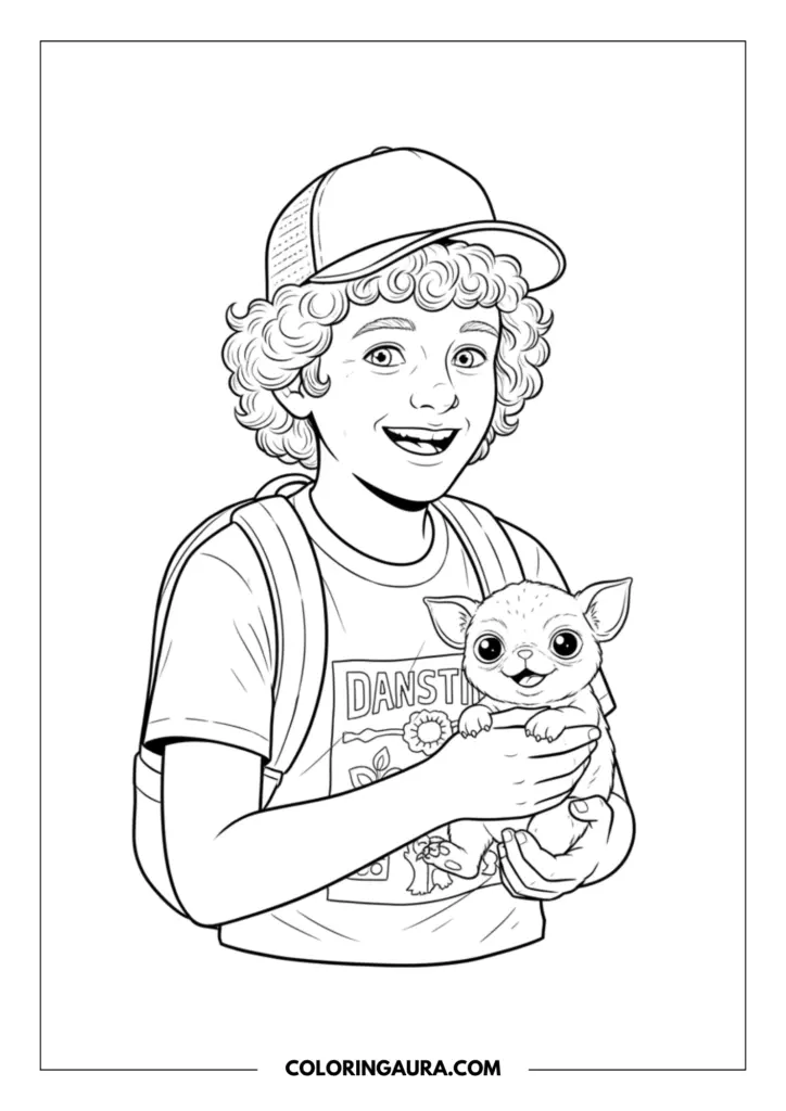Line art coloring page showing Dustin Henderson from Stranger Things smiling warmly while holding a baby Demodog named Dart. He is wearing his signature retro trucker hat, a graphic t-shirt, and a backpack, all drawn in a crisp, black-and-white outline style.