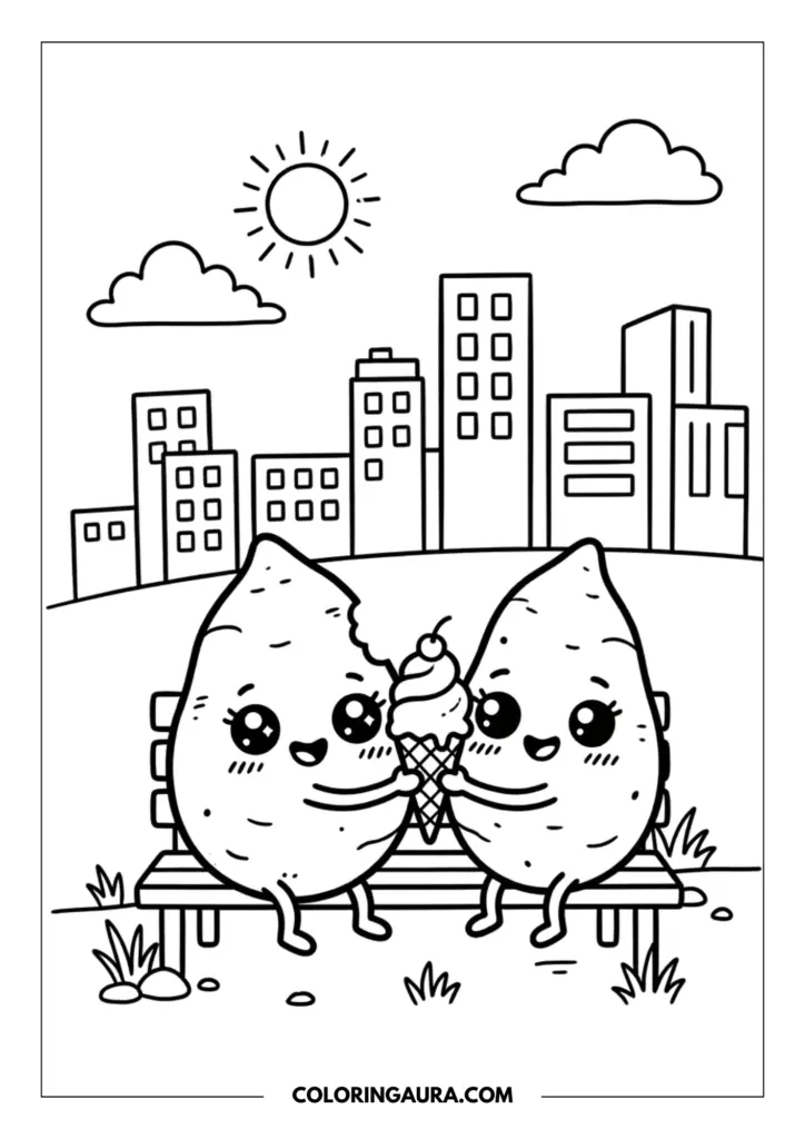 Line art coloring page showing two cute sweet potatoes with big sparkly kawaii eyes, sitting on a bench and sharing an ice cream cone. Behind them, a simple cityscape with buildings, a sun, and clouds.