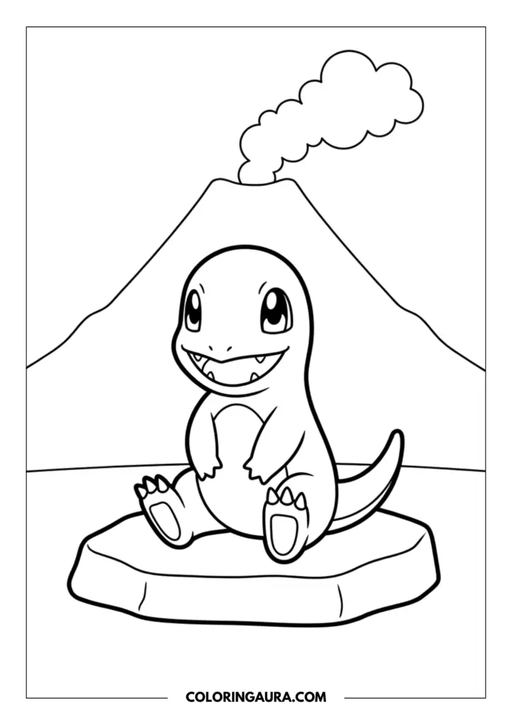 Line art coloring page showing the fire-type Pokemon Charmander sitting peacefully on a flat stone with a smoking volcano and mountains in the background.