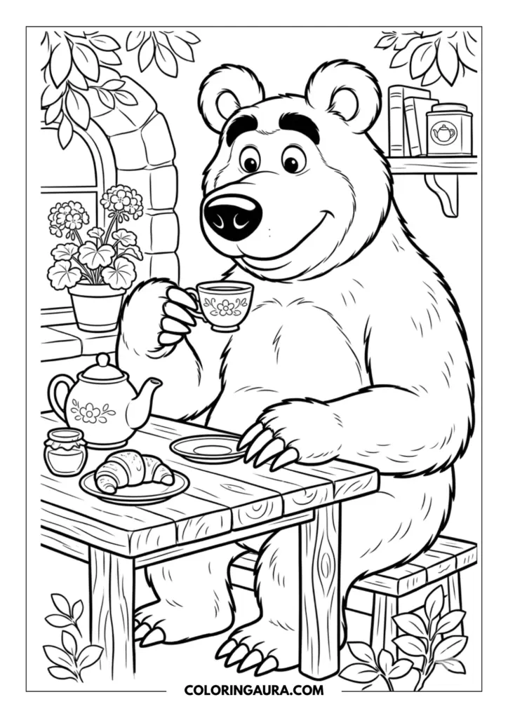 Line art coloring page showing a friendly bear sitting at a wooden table, holding a small teacup. The table features a teapot, a croissant on a plate, a small jar of jam, and flowers in the background.