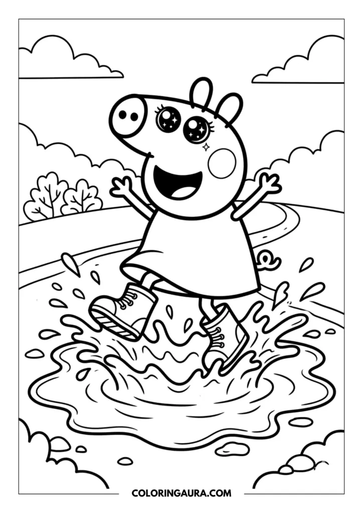 Line art coloring page showing an outline of Peppa Pig with shimmering eyes wearing rain boots and jumping high into a splashy puddle on a winding path.