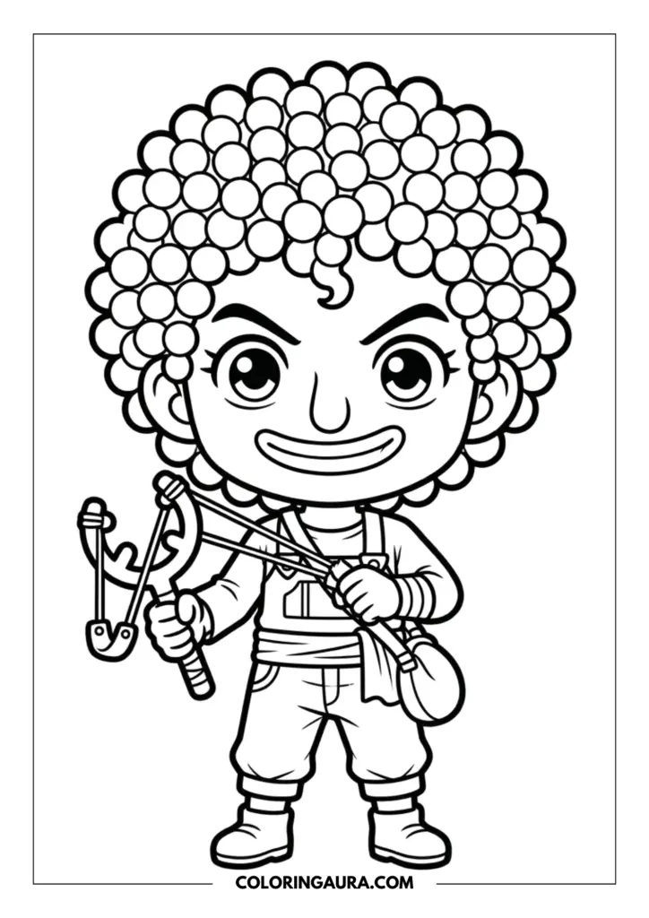 Line art coloring page showing a cute chibi Usopp with large curly afro-style hair, wearing overalls and a sash while holding a slingshot and a small bag.