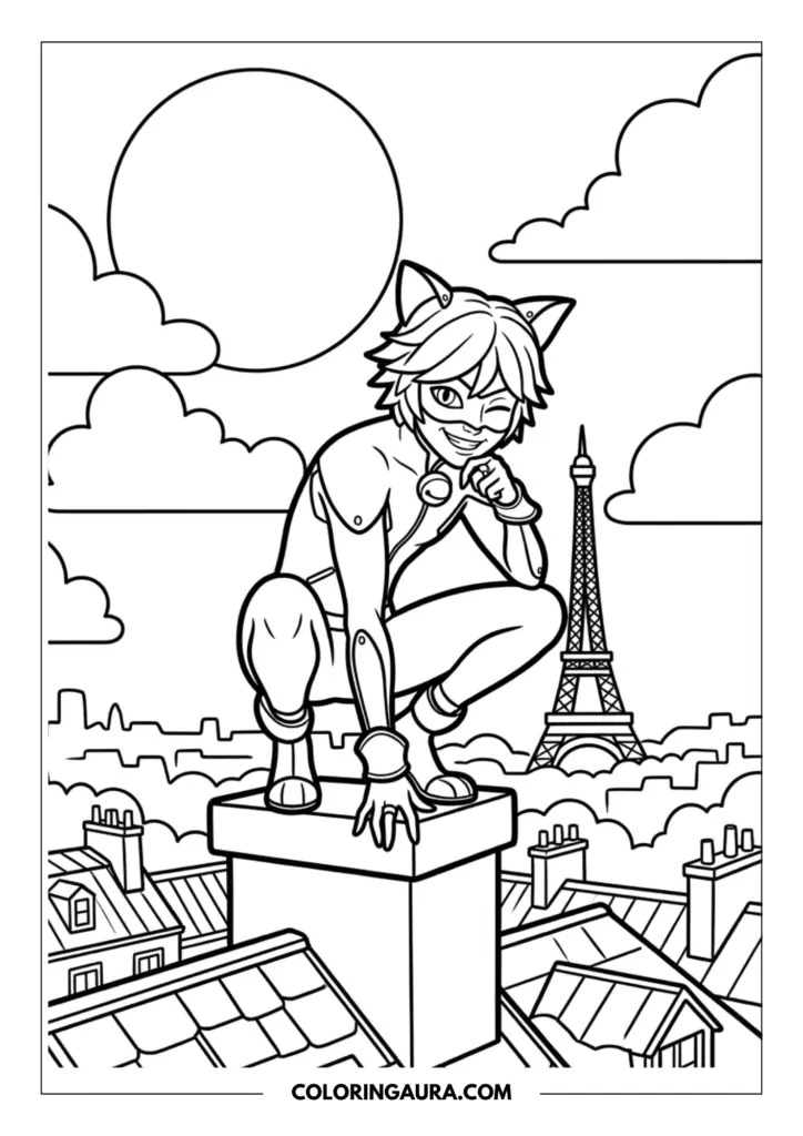 Outline of Cat Noir crouching on a chimney top and winking, wearing his feline-inspired suit and bell collar with the Paris skyline and a large moon behind him.