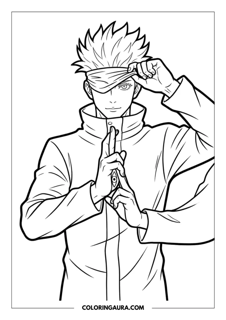Line art coloring page showing Satoru Gojo from Jujutsu Kaisen lifting his blindfold to reveal one eye, wearing his high-collar sorcerer uniform and performing a spiritual hand seal.
