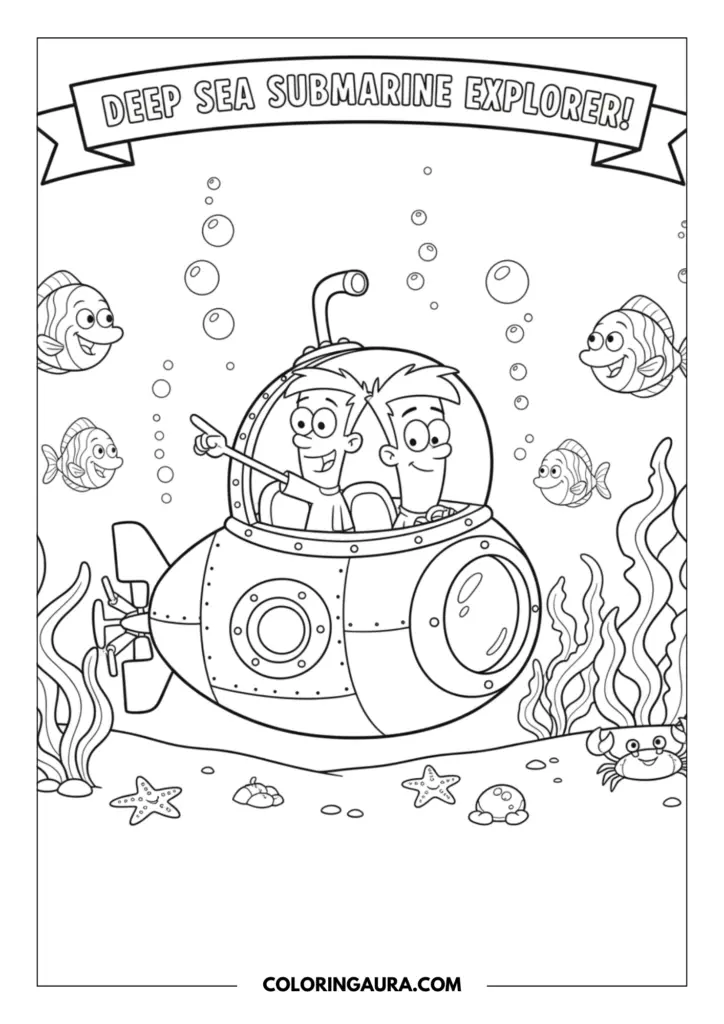Line art coloring page showing two adventurous brothers driving a cute round submarine through the deep sea, surrounded by smiling fish, floating bubbles, sea stars, and wavy ocean plants.
