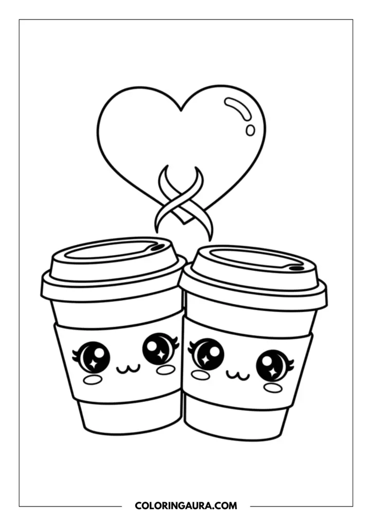 Line art coloring page showing two cute kawaii paper coffee cups sitting close together with a large, beautiful heart floating above them. The cups have little cardboard sleeves and adorable faces with big sparkling eyes and sweet, tiny smiles. Clean black and white outlines, perfect for coloring.