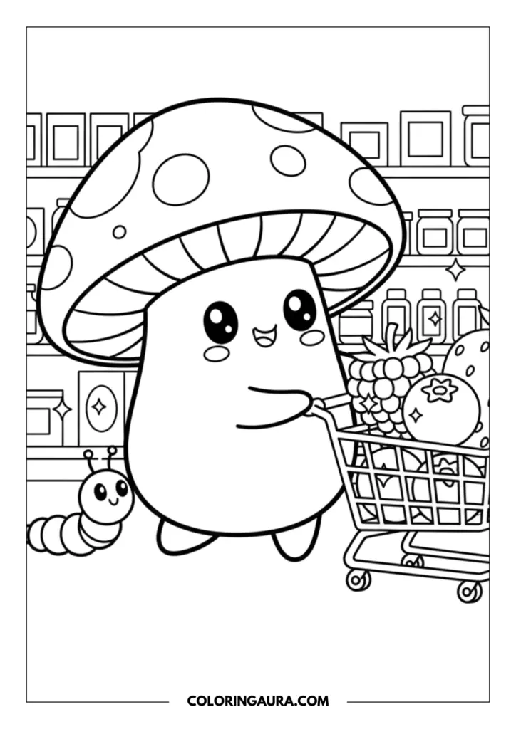 Line art coloring page showing a cute mushroom character with big sparkle eyes pushing a mini shopping cart filled with raspberries and blueberries down a grocery store aisle, accompanied by a small smiling caterpillar.