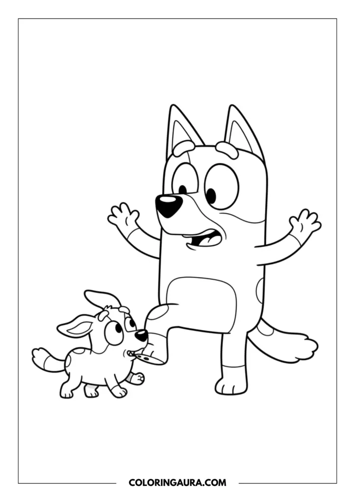Outline of baby cousin Socks playfully biting Bandit's foot while he stands with his arms raised in a funny, surprised pose. This clear, unshaded black-and-white drawing beautifully captures a joyful family moment, waiting for your colorful touch.