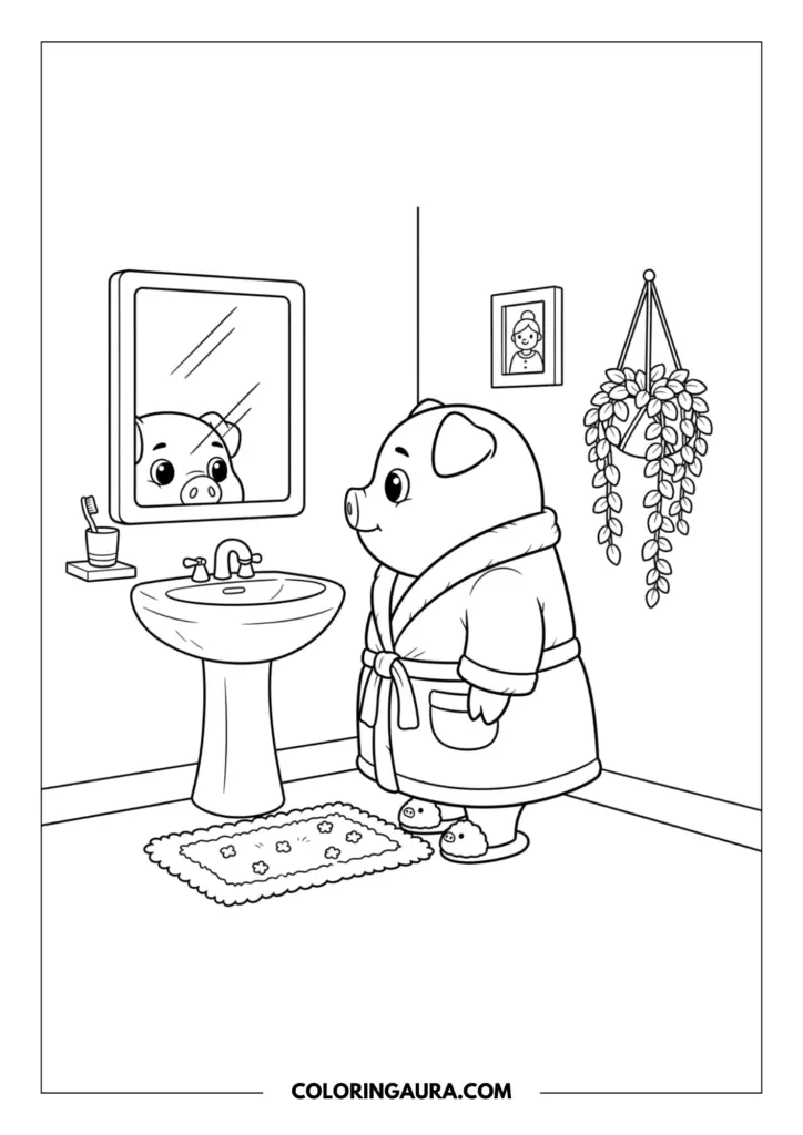 Line art coloring page showing a sweet cartoon pig standing in a bathroom, looking thoughtfully at its reflection in the mirror. The pig is wearing a cozy bathrobe tied at the waist and slippers, surrounded by a sink, a toothbrush, and a beautiful hanging trailing plant.
