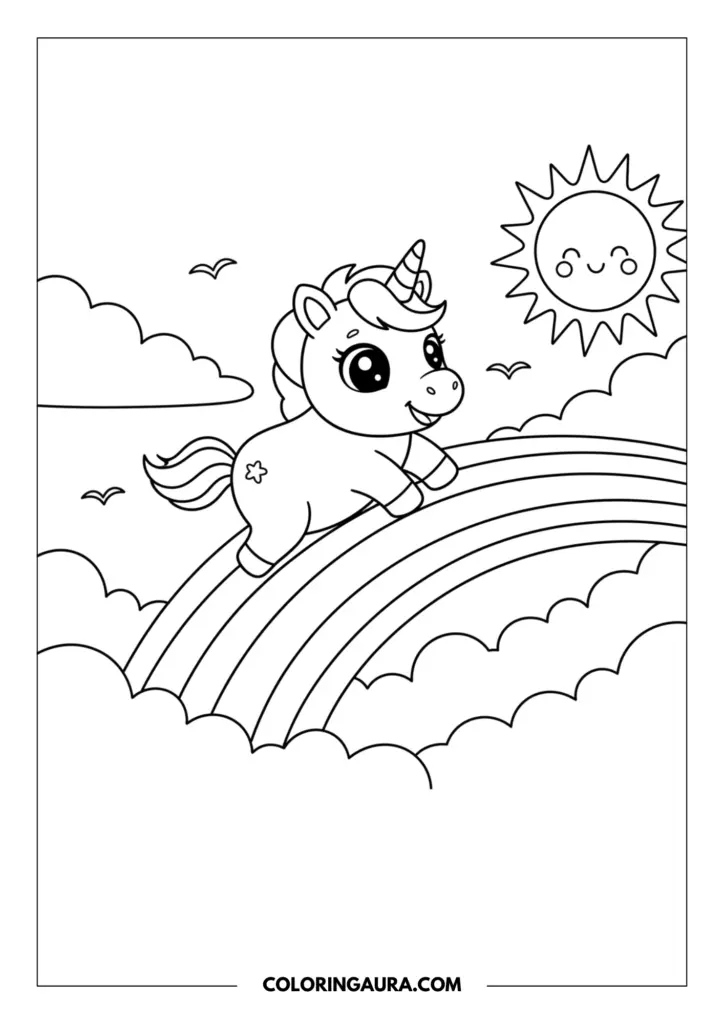 Line art coloring page showing a cute baby unicorn with big sparkly eyes happily climbing up a giant rainbow. The background features a warmly smiling sun, soft fluffy clouds, and tiny birds in the sky, drawn in our simple and clean outline style.