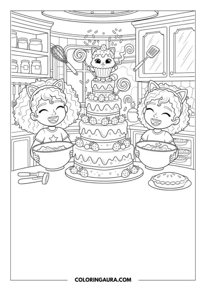 Line art coloring page showing a beautiful, highly detailed kitchen scene where Gabby is joyfully baking alongside Cakey Cat. Cakey Cat sits playfully on top of a massive, multi-tiered cake decorated with strawberries, while Gabby happily mixes bowls of sweet treats, surrounded by dreamy kitchen details.