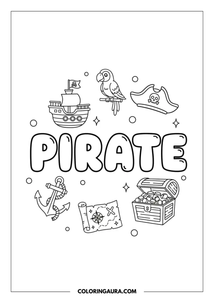 Outline of a delightful pirate doodle collage. The word "PIRATE" rests in the center in bold bubble letters, surrounded by cute line art of a pirate ship, a perched parrot, a skull-and-crossbones hat, a heavy anchor, a treasure map, and a chest full of coins.