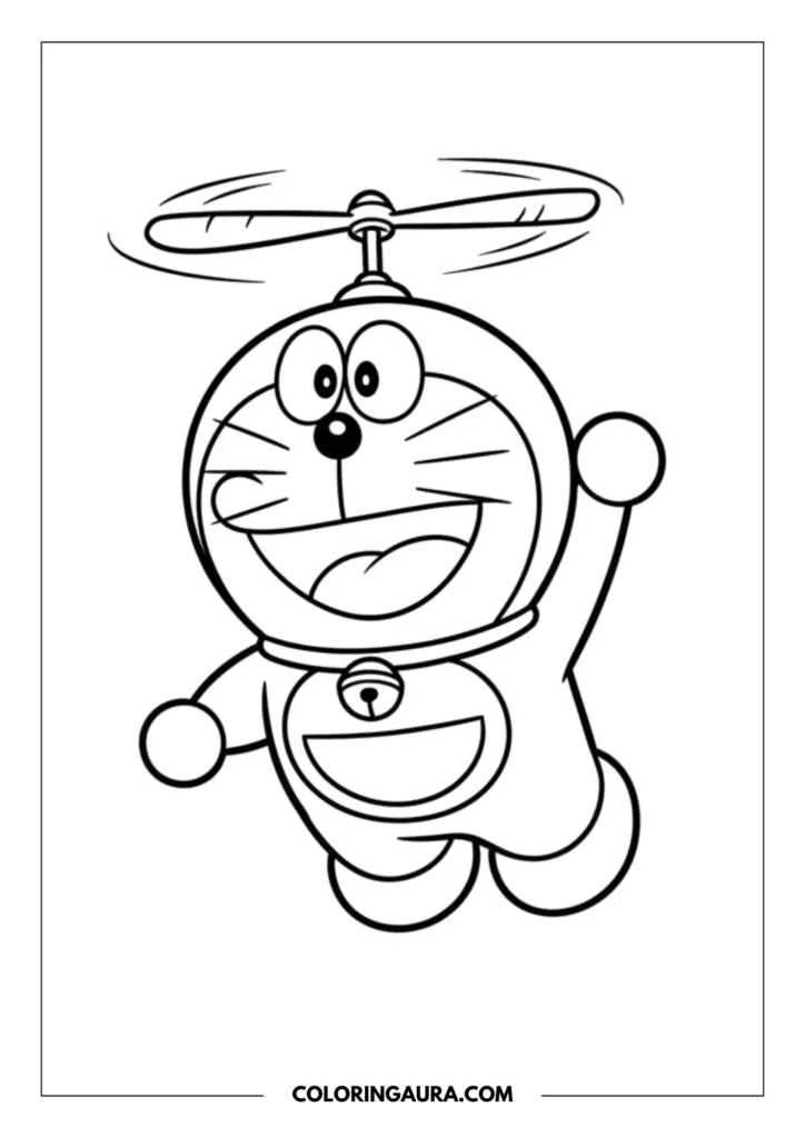 Outline of Doraemon flying happily through the air using his classic Bamboo Copter spinning on top of his head. He has one arm raised cheerfully in this crisp, unshaded black-and-white line art, perfect for quiet coloring moments.
