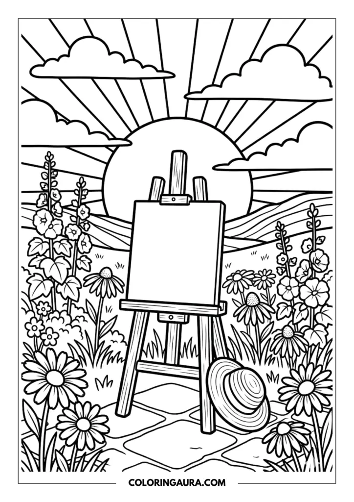 Line art coloring page showing an artist's wooden easel with a blank canvas standing in a blooming wildflower meadow next to a straw hat, under a giant sun with radiating beams and fluffy clouds.