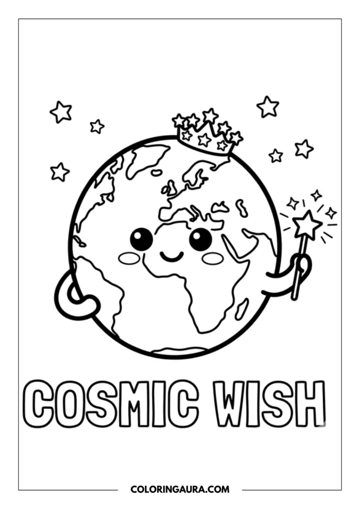 Line art coloring page showing a cute Earth planet wearing a crown made of stars and holding a magic wand to make a cosmic wish.