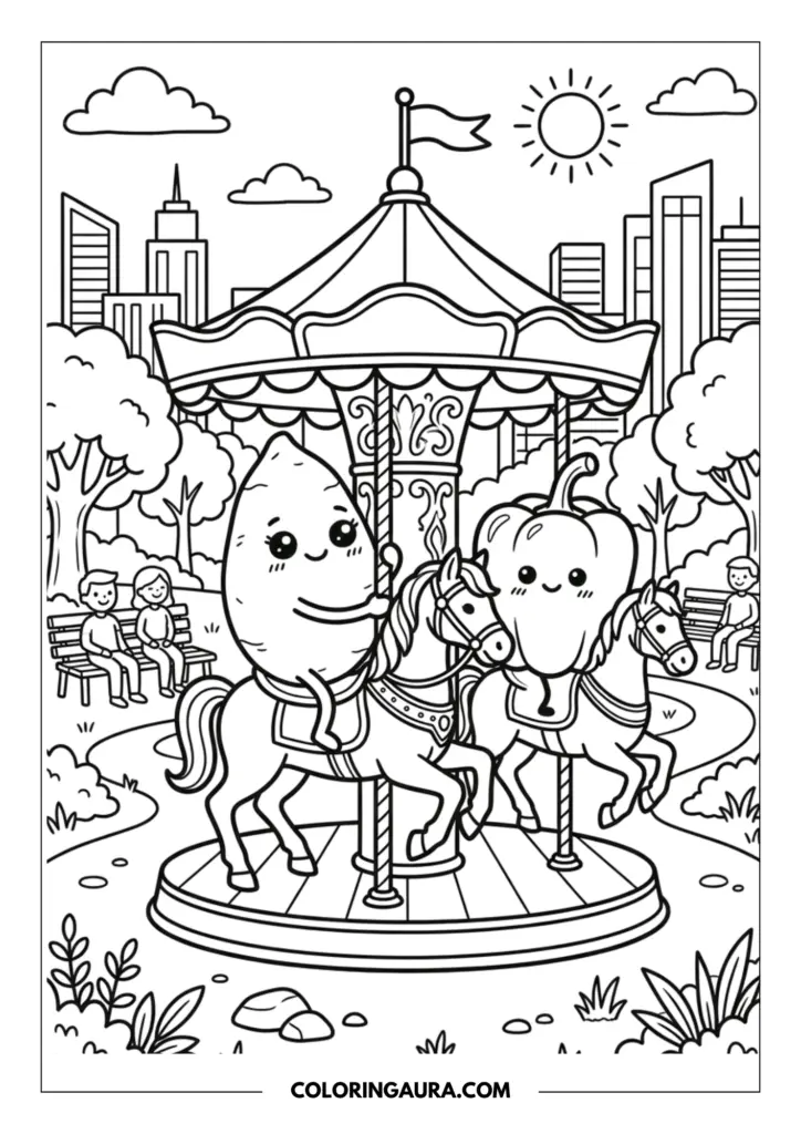 Line art coloring page showing a cute sweet potato with big sparkly kawaii eyes, and a happy bell pepper friend, riding horses on a merry-go-round in a city park. City buildings and trees are in the background, with people sitting on benches, under a sun and clouds.