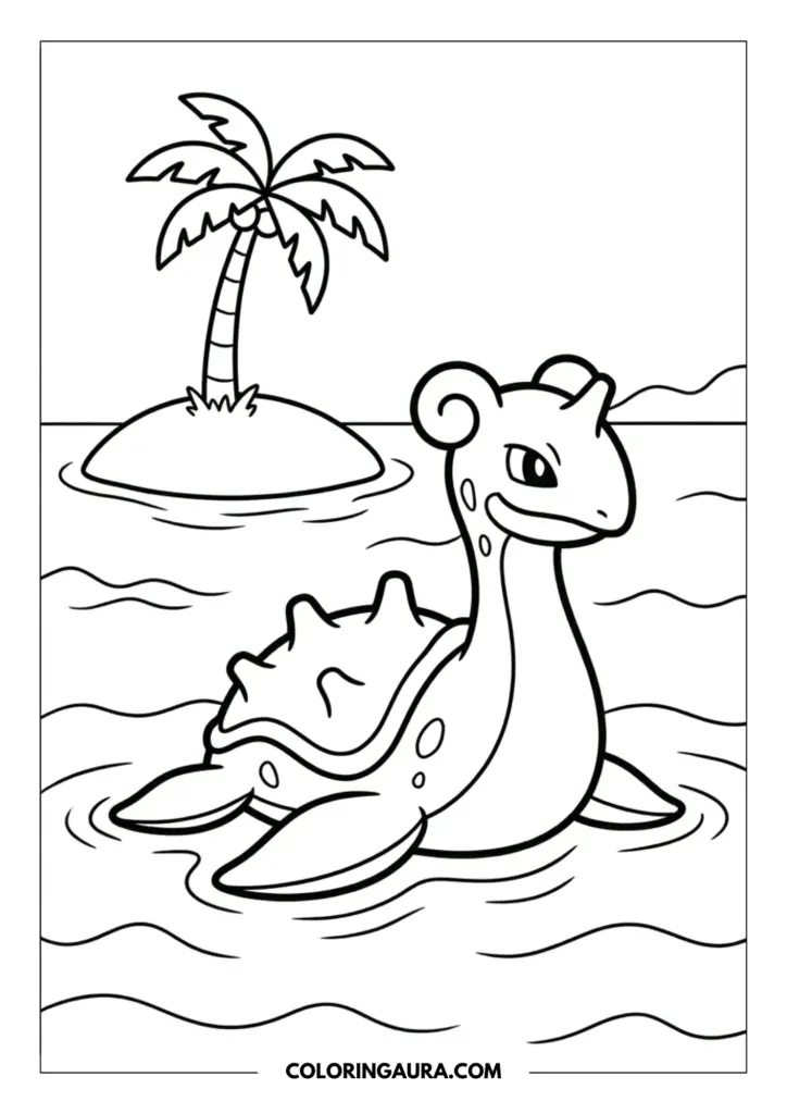 Outline of Lapras swimming through wavy ocean water with a small tropical island and a single palm tree under a clear horizon line.