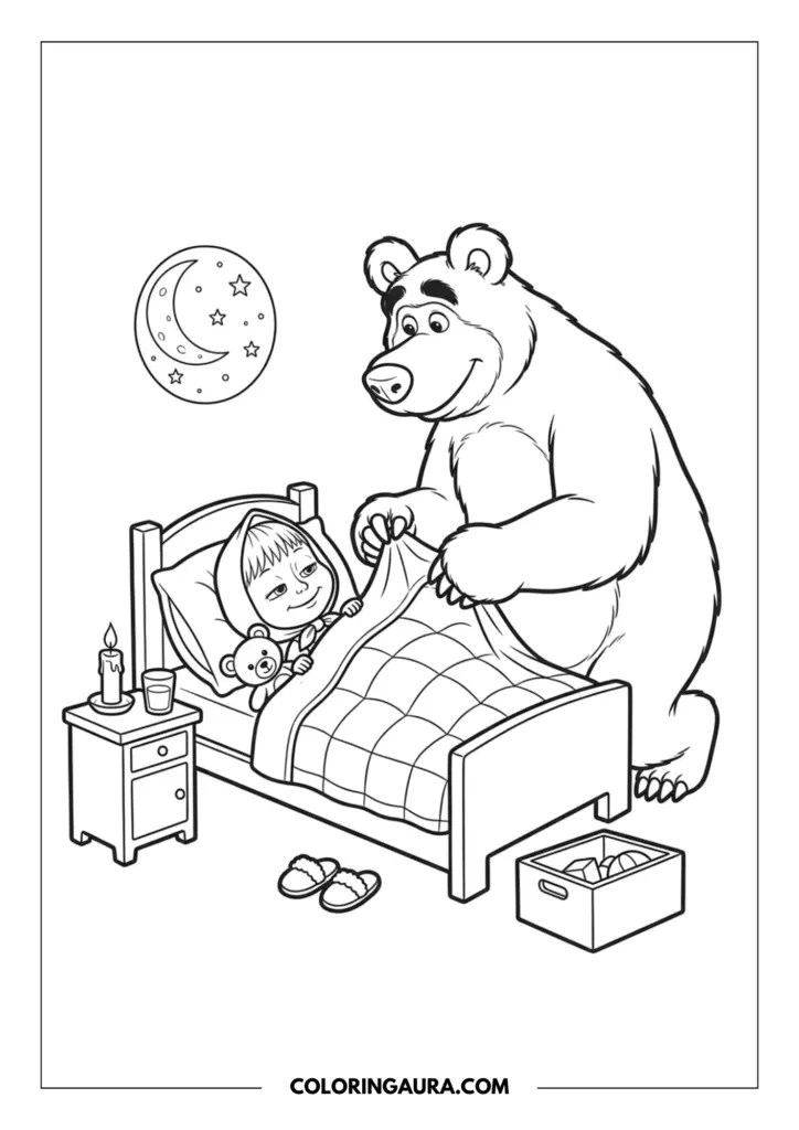 Line art coloring page showing a cozy bedroom where Masha is tucked into a small wooden bed with a teddy bear. The Bear is gently pulling up the quilt. A crescent moon and stars decoration hangs on the wall near a nightstand with a candle.
