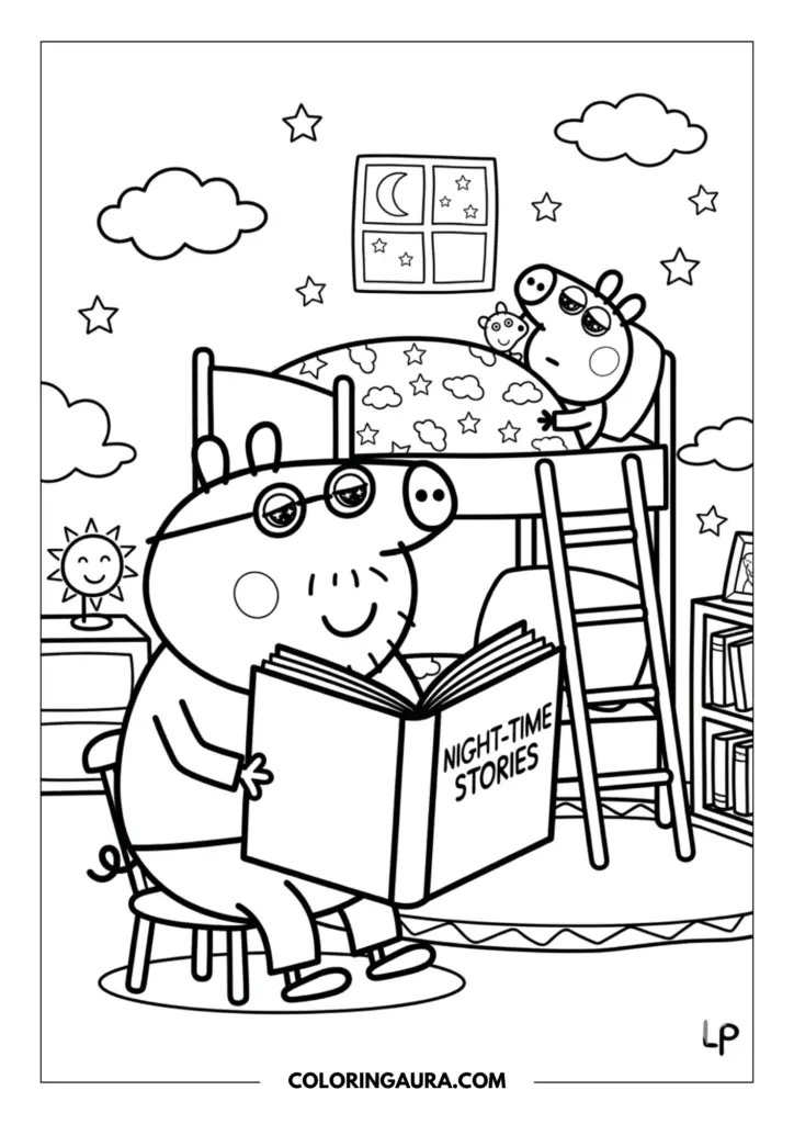 Outline of Daddy Pig sitting on a chair reading a book titled Night-time Stories to Peppa Pig while she rests in her bunk bed under a moonlit window.