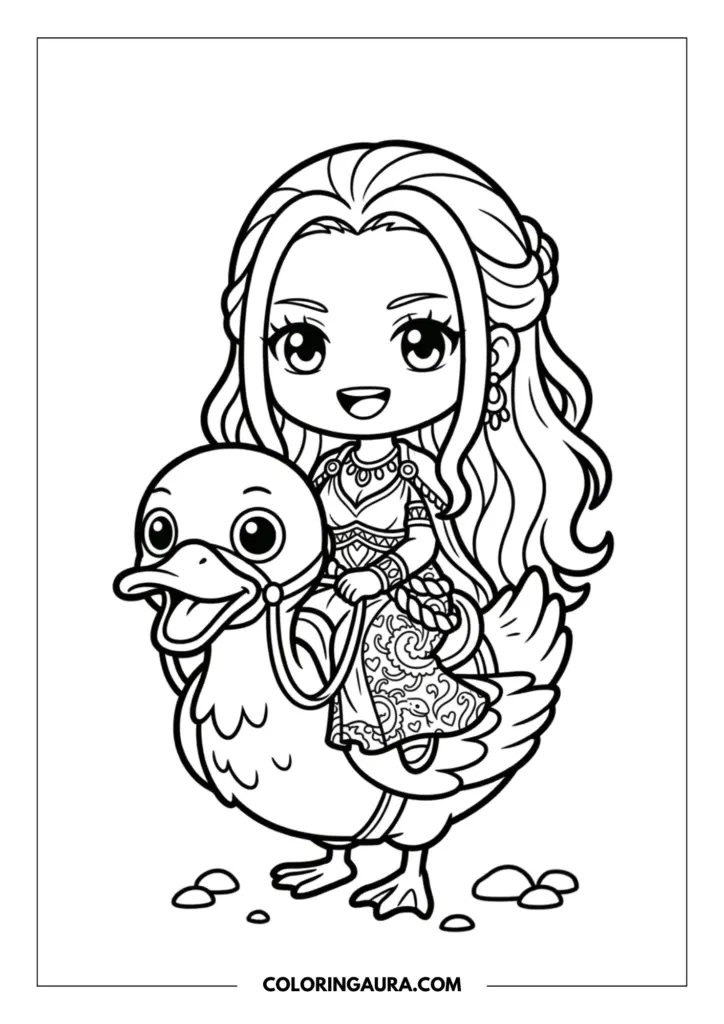 Outline of Princess Vivi with long wavy hair sitting on the back of her loyal giant duck, Karoo, ready for a desert adventure.