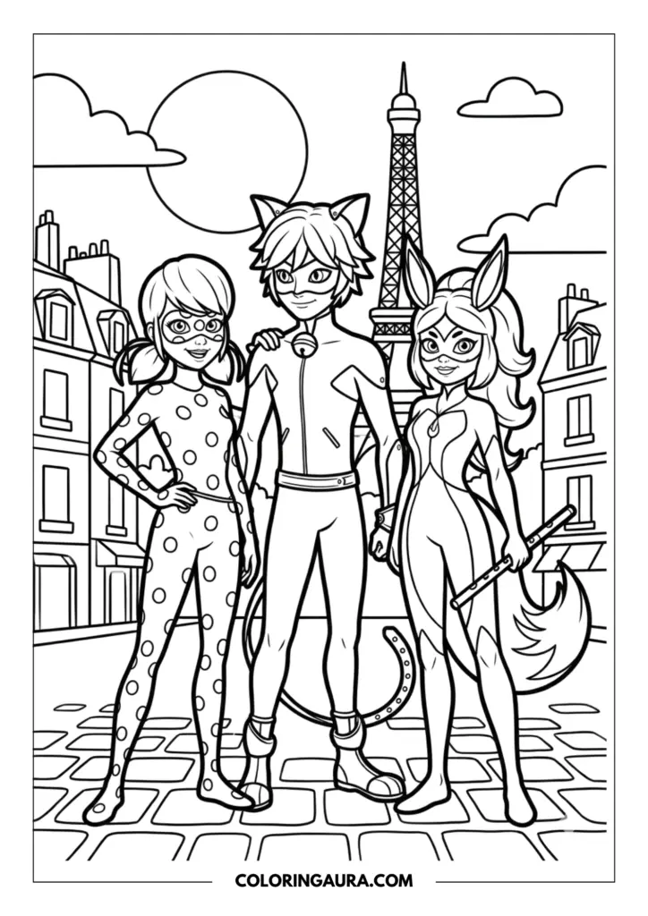 Line art coloring page showing Ladybug, Cat Noir, and Rena Rouge standing together on a cobblestone street in Paris with the Eiffel Tower and a large sun behind them.