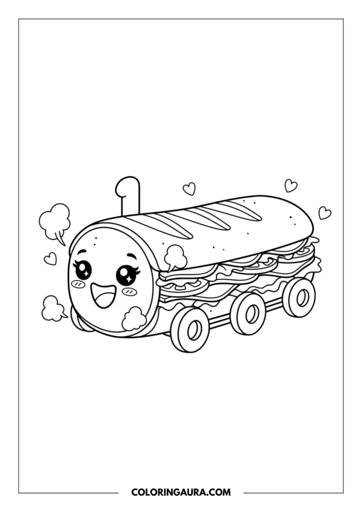 Line art coloring page showing a dreamy submarine sandwich creatively designed as a little train. It features tiny train wheels, a smokestack puffing steam, and an adorable kawaii face with sparkling eyes and a wide smile, surrounded by floating hearts.