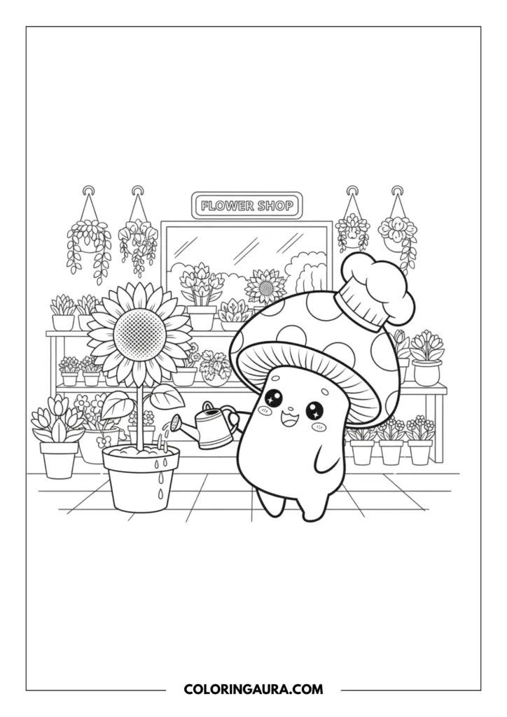 Line art coloring page showing a delightful, cute mushroom wearing a chef hat, happily watering a tall, blooming sunflower. The adorable character uses a tiny watering can in front of a charming flower shop filled with lovely potted plants and hanging vines.