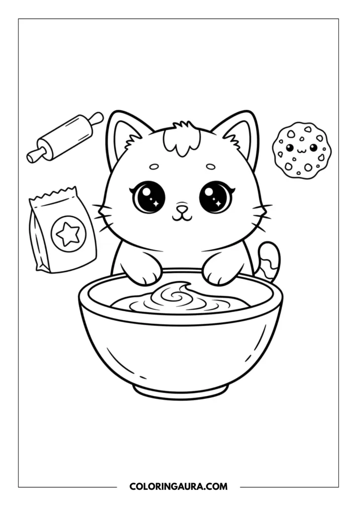 Line art coloring page showing a cute little kitten making a delicious treat in a large mixing bowl. The cozy baking scene includes a rolling pin, a bag of ingredients, and a smiling chocolate chip cookie in a bold, simple style.