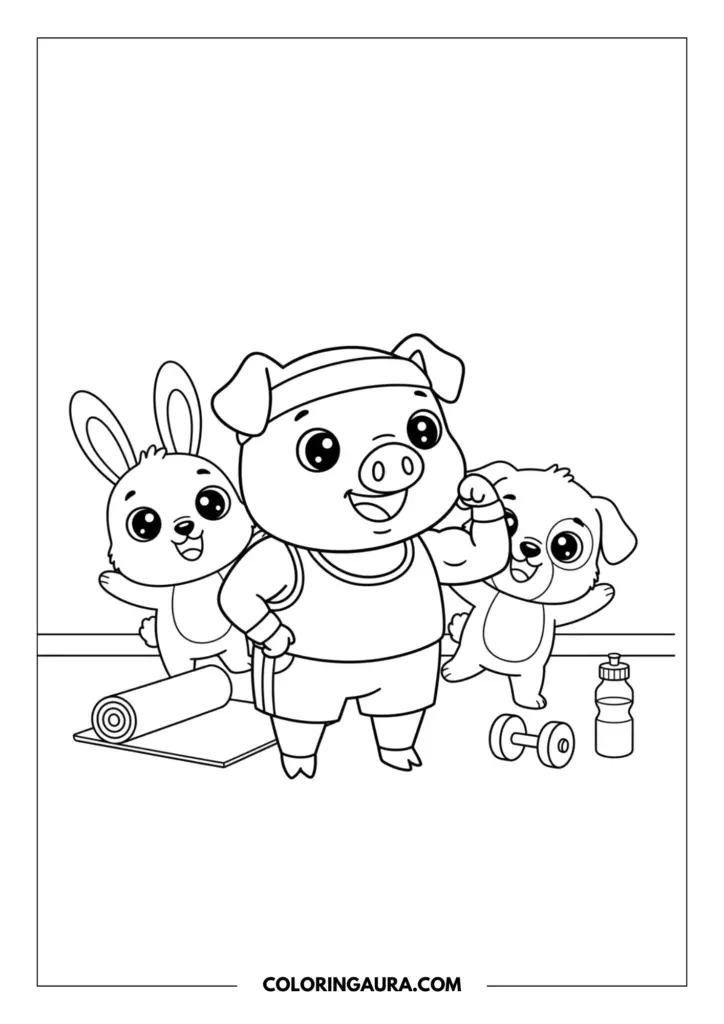 Line art coloring page showing a strong, confident cartoon pig flexing its bicep with a big, proud smile. The fit pig is wearing sporty clothes and a headband, supported by a cheering bunny and a cute puppy in a workout room with a rolled yoga mat, dumbbells, and a water bottle.