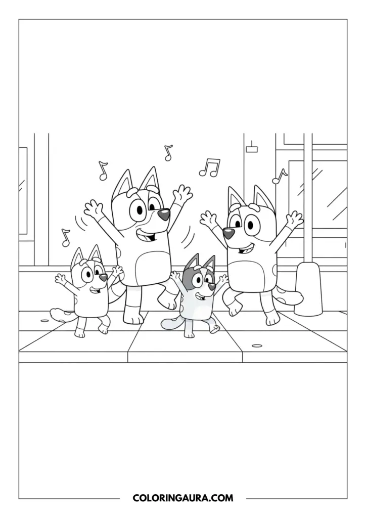 Outline of the entire Heeler family, including Bandit, Chilli, Bluey, and little Bingo, happily dancing together on the sidewalk in full dance mode with little musical notes floating in the air. The bold, unshaded lines offer a joyful canvas for your imagination to take the lead.