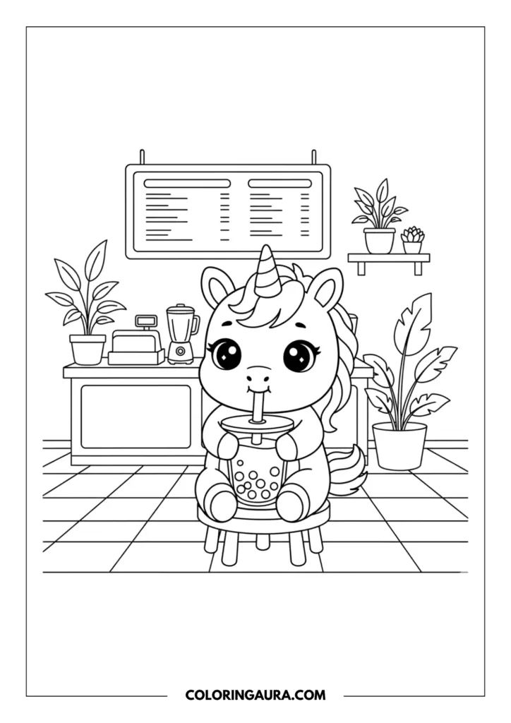 Line art coloring page showing a very cute baby unicorn with big sparkly eyes sitting on a stool and drinking boba tea from a large cup with a straw. The cozy cafe background includes a menu board, a counter with a blender, and beautiful potted plants in crisp black-and-white outlines.
