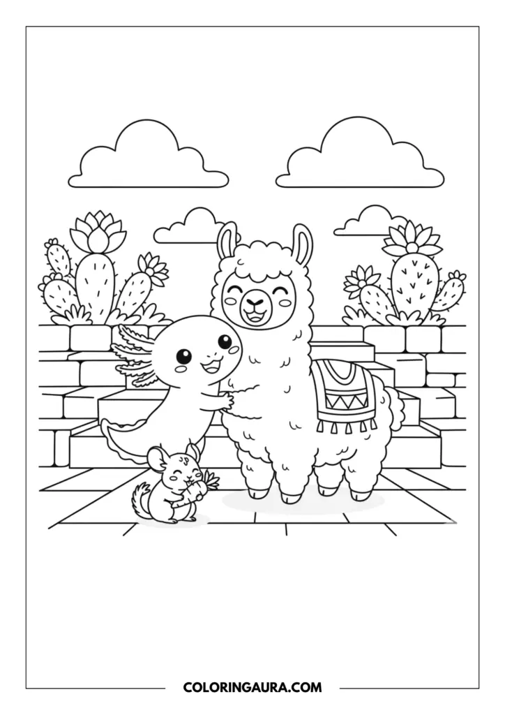Line art coloring page showing a cute, smiling axolotl giving a big warm hug to a fluffy, happy llama wearing a decorative saddle blanket. Down by their feet, a tiny chinchilla sits happily nibbling on a carrot. The serene background features ancient blocky stone steps, tall blooming cacti with large flowers, and fluffy clouds in the sky. Clean, thick outlines in a simple kawaii style.