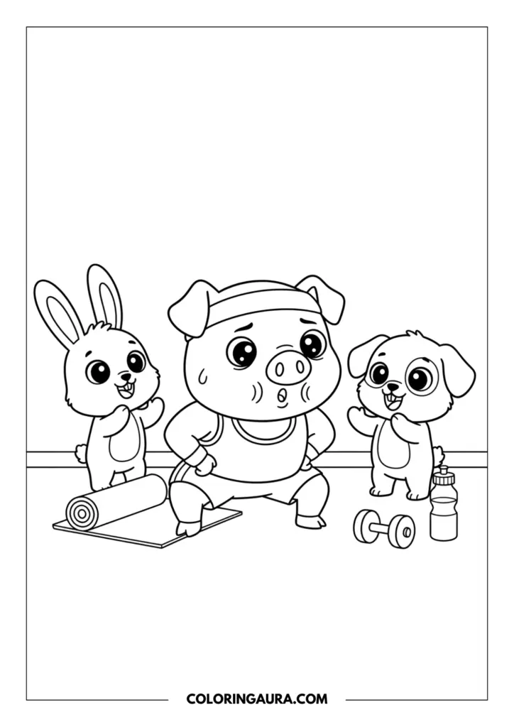 Line art coloring page showing a determined cartoon pig doing a squat exercise while a cute bunny and a sweet puppy smile and cheer him on. The focused pig is wearing a sporty tank top and headband, working out near a rolled yoga mat, small dumbbells, and a water bottle.