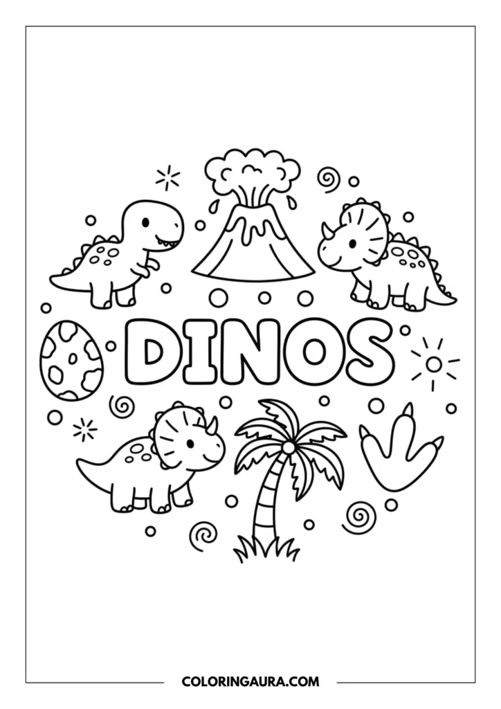 Outline of a delightful dinosaur doodle collage. The word "DINOS" rests in the center in bold bubble letters, surrounded by cute line art of a smiling T-rex, an erupting volcano, a sweet triceratops, a spotted egg, a palm tree, and a giant footprint.
