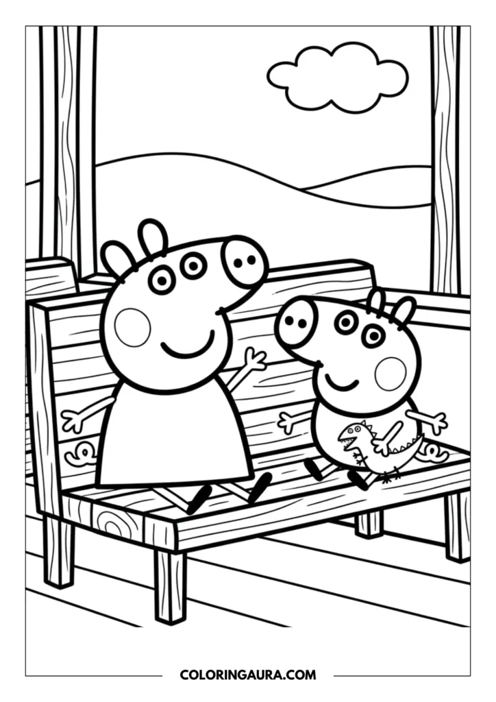 Line art coloring page showing Peppa Pig and George Pig sitting together on a wooden garden bench, with George holding his favorite toy dinosaur under a single fluffy cloud.